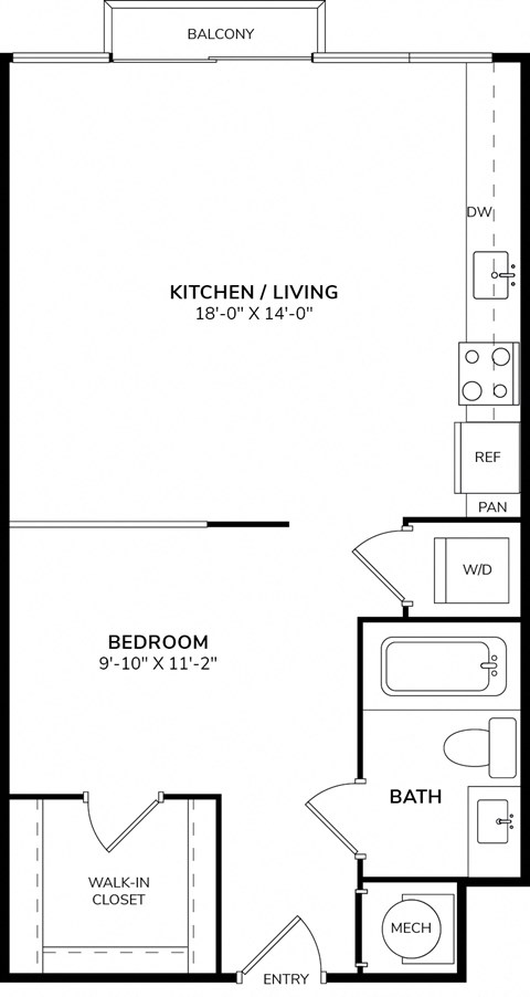 A floor plan of a home with a kitchen, living room, bedroom, bathroom, and entry.